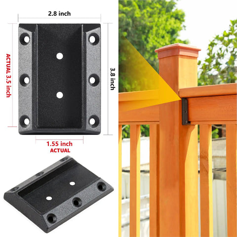 304 Stainless Steel Deck Railing Connectors For 2x4 Lumber, Stair Handrail Bracket in black, mounted on outdoor wood railing.