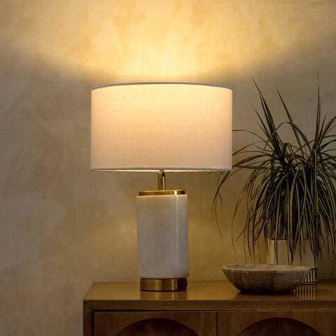 Arden LED Table Lamp With USB Port Charge Your Phone Or Tablet Bedside Reading Light on wooden table with decor