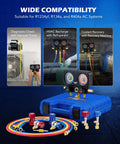 Three Way AC Pro Grade Manifold Gauge Set With Hoses And Quick Couplers For R1234yf R134a R404a Refrigerant shown in case
