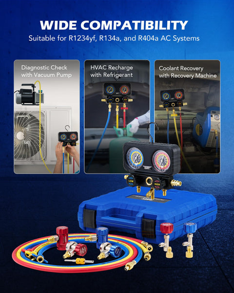 Three Way AC Pro Grade Manifold Gauge Set With Hoses And Quick Couplers For R1234yf R134a R404a Refrigerant shown in case