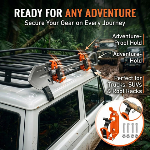 Beefy Heavy Duty Quick Release Shovel Mount For Truck Bed And Roof Rack on white SUV in jungle landscape