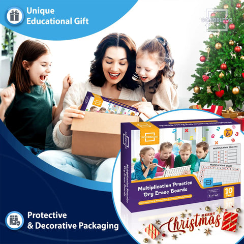 Family opening 10 Pack Dry Erase Multiplication Boards 9 By 12 Inch Double Sided Whiteboards Classroom Ready For Times Tables Math Practice Kid Friendly With Erasers Included by a Christmas tree.
