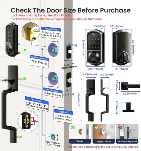 Smart Fingerprint Front Door Lock Set With App Control, Eight In One Keyless Entry Deadbolt, installation guide and measurements