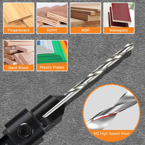 Three-piece countersink drill bit set for woodworking; 1/4 in hex shank, M2 high-speed steel, 82° chamfer, includes Allen wrench