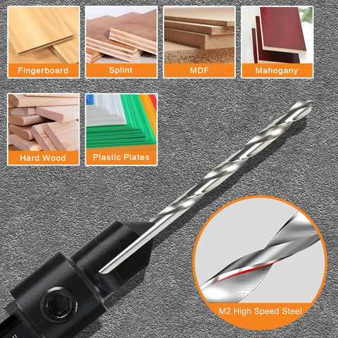5 Piece Woodworking Countersink Counterbore Drill Bit Set 3 In 1 For Flush Screws 6 To 16, M2 High Speed Steel, material samples