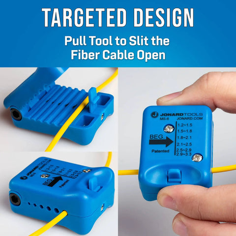 MS-6 Mid Span Fiber Optic Cable Slitter for 1.2 to 3.3 Millimeter Cables, handheld tool, precise groove slots, easy open lock.