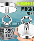 Beefy Neodymium Fishing Magnet With 300 Lbs Pull, countersunk hole eyebolt shown with 350 lbs weight illustration and hand