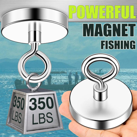 Beefy Neodymium Fishing Magnet With 300 Lbs Pull, countersunk hole eyebolt shown with 350 lbs weight illustration and hand