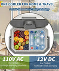 Heavy Duty 35 QT Portable Electric Cooler And Warmer For Cars Trucks And Homes 12V 110V Thermoelectric Fridge Box With Power Cord Gray filled with fruits and water bottles.