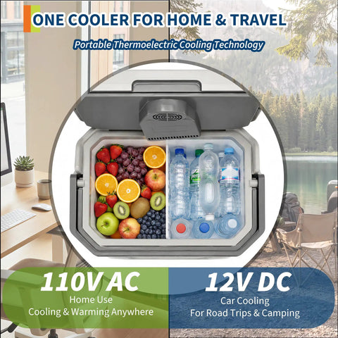Heavy Duty 35 QT Portable Electric Cooler And Warmer For Cars Trucks And Homes 12V 110V Thermoelectric Fridge Box With Power Cord Gray filled with fruits and water bottles.