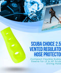 Neon Yellow 2.5 Inch Regulator Hose Protector For Scuba Diving With Vented Self Draining Design Keeps Hose Safe From Strain And Fittings Durable Plastic Guard Must Have Gear For Divers, featuring scuba divers in action