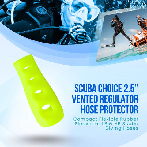 Neon Yellow 2.5 Inch Regulator Hose Protector For Scuba Diving With Vented Self Draining Design Keeps Hose Safe From Strain And Fittings Durable Plastic Guard Must Have Gear For Divers, featuring scuba divers in action