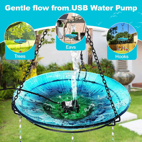 Go-To Hand Blown Glass Hummingbird Feeder And USB Water Pump Bird Bath Two-In-One Outdoor Garden Decor, blue bird bath in garden
