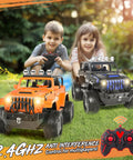 Kids playing with 1:16 Scale Remote Control Jeep With Spray, Lights And Sound, 2.4GHz RC Car For Kids, All Terrain Toy Gift.