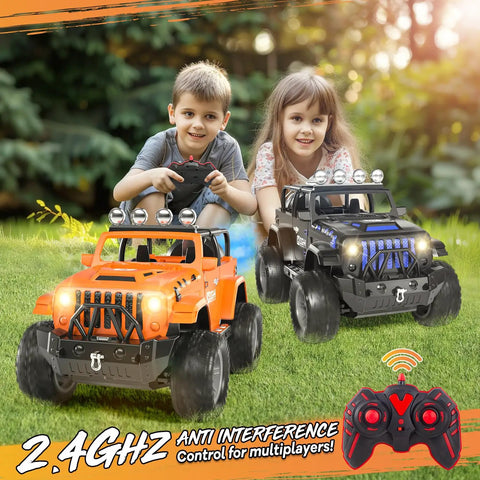 Kids playing with 1:16 Scale Remote Control Jeep With Spray, Lights And Sound, 2.4GHz RC Car For Kids, All Terrain Toy Gift.