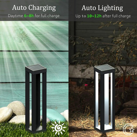 Outdoor Solar Floor Lanterns Set Of 2, Stainless Steel Black Lantern Lights for garden and pathway, auto charging and lighting feature