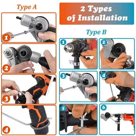 Two installation types for sheet metal cutter drill attachment with serrated wheel for nibbler style cutting, drill adapter.