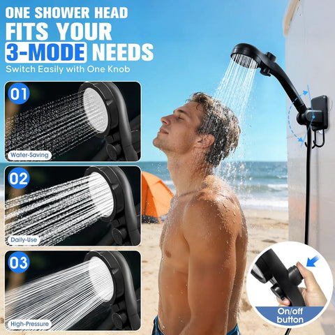 Portable Camping Shower With Heater 2000W displaying 3 spray modes on beach with knob control, outdoor heated camp shower for car