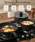 15 Piece Nonstick Pots And Pans Set With Detachable Handles Induction Compatible in use on gas stove with food cooking