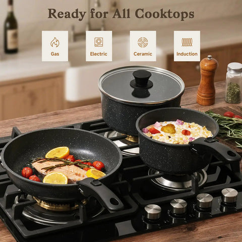 15 Piece Nonstick Pots And Pans Set With Detachable Handles Induction Compatible in use on gas stove with food cooking