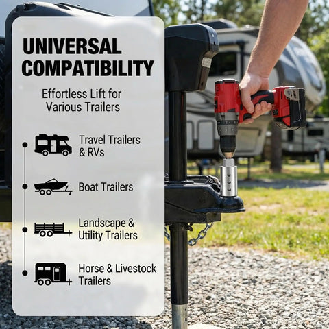 Heavy Duty Trailer Jack Drill Adapter Kit Compatible With 1 Inch Drive Shafts; showing compatibility with various trailers.
