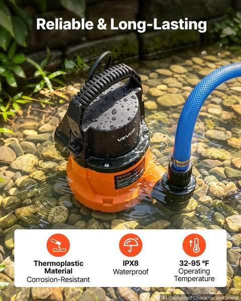 Heavy Duty Submersible Water Pump Delivers Knockout 3300GPH Flow With Zero Point Seven HP Motor in water with hose for flood cleanup.
