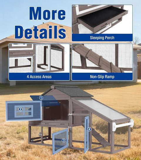 Ultimate Chicken Coop With Run And Wheels For Outdoor Backyard Poultry Hen House With Slide Out Tray Weatherproof Roof Predator Proof Design Durable Construction detail view with access areas and non-slip ramp