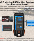 Ultra Compact Four Channel Gyro RC Receiver For Mini Cars With One Time Binding And 2Point4Ghz Long Range Up To About 400m Perfect For RC8X RC6GS V3 RC4GS V3 T8FB T12D T16D shown with V2.3 version R4FGM mini receiver and setup screen.