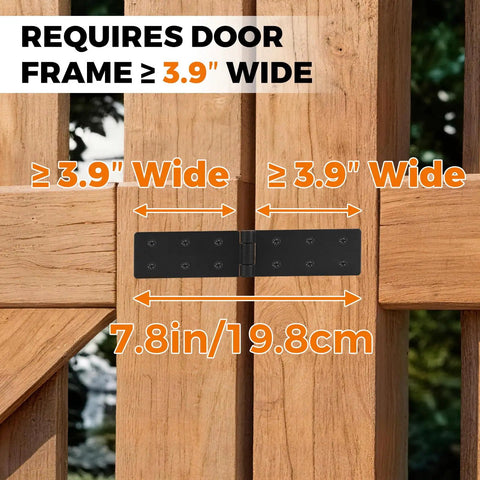 Tough As Nails Steel Gate Hinges For Outdoor Wood Fences With Dead Simple Mount Bracket And Hella Smooth Black Finish 270 Degree Swing showing hinge installation requirement of door frame width.