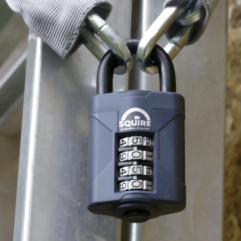 Beefy 4 Wheel Combination Padlock With Hardened Steel Shackle And Alloy Lock Body Weatherproof For Home Shed Gate Boat Garage Corrosion Resistant Blue 2 Inch Dial System With Large Wheels And 10000 Possible Combinations on metal gate