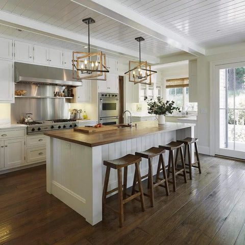 Four-Light Farmhouse Chandelier With Imitation Wood Grain And Matte Black Finish over kitchen island