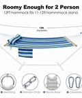 Ultra Comfy Double 12 Foot Quilted Fabric Hammock For Outdoors Or Backyard With Spreader Bar Large Removable Pillow Storage Bag Carabiners 475 Lbs Capacity Catalina Beach Color in stand with pillow and carabiners