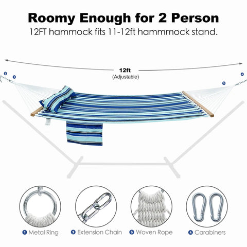 Ultra Comfy Double 12 Foot Quilted Fabric Hammock For Outdoors Or Backyard With Spreader Bar Large Removable Pillow Storage Bag Carabiners 475 Lbs Capacity Catalina Beach Color in stand with pillow and carabiners