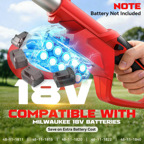 Close-up of red cordless tool highlighting 18V compatibility with Milwaukee batteries, hand holding handle.