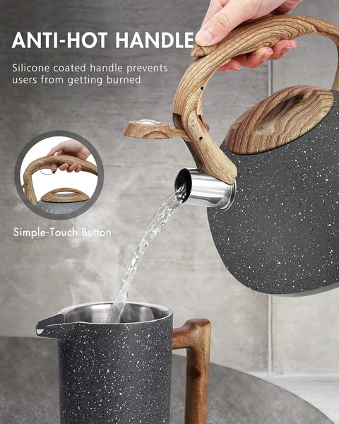 2.7 Quart Tea Kettle With Natural Stone Finish And Wood Pattern Handle, Loud Whistle, Food Grade Stainless Steel Teapot pouring water