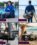Collage of people using 130L Mesh Duffle Bag for Water Sports Gear with Wide Opening for swimming, surfing, workout, and beach trips