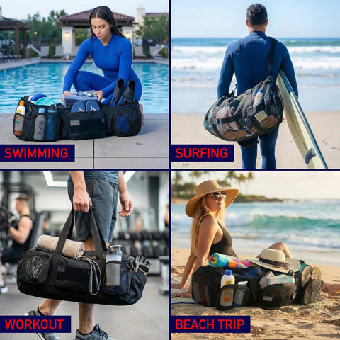 Collage of people using 130L Mesh Duffle Bag for Water Sports Gear with Wide Opening for swimming, surfing, workout, and beach trips
