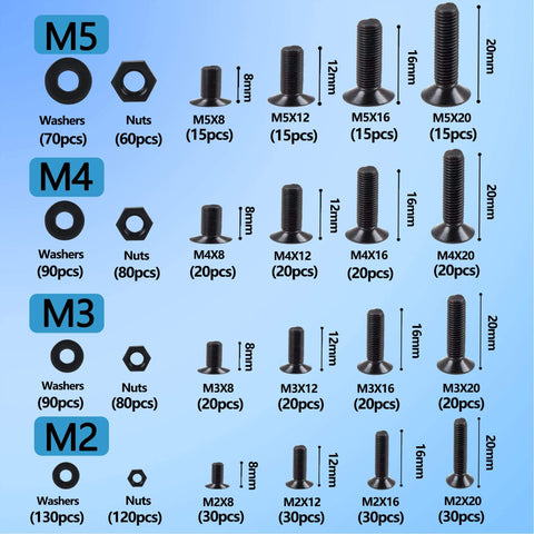 All In One Heavy Duty M2 M3 M4 M5 Bolts And Nuts Set With Washers And Spanner 1065 Pieces Including Countersunk And Flat Head Socket Screws