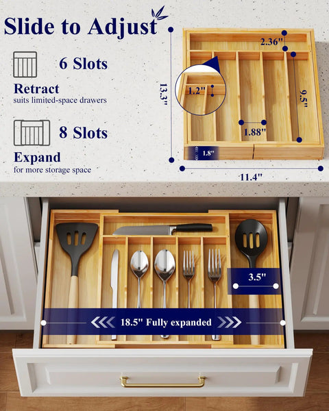 Expandable Bamboo Silverware Organizer For Kitchen Drawers, Big Capacity, Solid Utensil And Cutlery Tray, 6 Small and 2 Large Sections