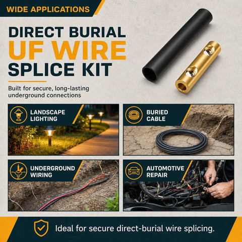 Hot Wire Underground Splice Kit With Heat Shrink Tubes Fixes 14-8 AWG UF Cable Directly Burial Rated Safe At 600V For Outdoor And Landscape Lighting Repair Jobs Done Right, black tube and brass connector