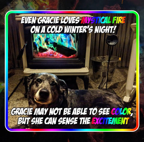 Color Changing Fire Packets For Campfires And Fire Pits, 50 Count, Pulsating Blues Greens Purples Reds, Indoor Or Outdoor Fireplace Show, Magical Flames Colorant For Cozy Nights. Image of colorful flames in a fireplace with a dog in front.