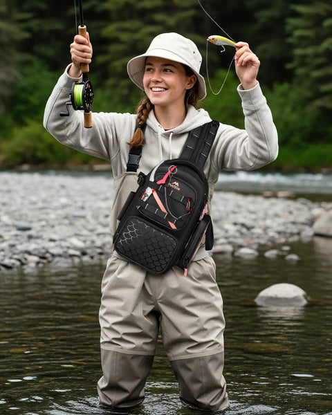 Woman fishing in river wearing Women's Fishing Sling Bag With Lure Rod Holder And Phone Pouch Waterproof 3600 Tackle Backpack With Removable Bait Binder Lightweight Convertible Gear Bag For Women Black.