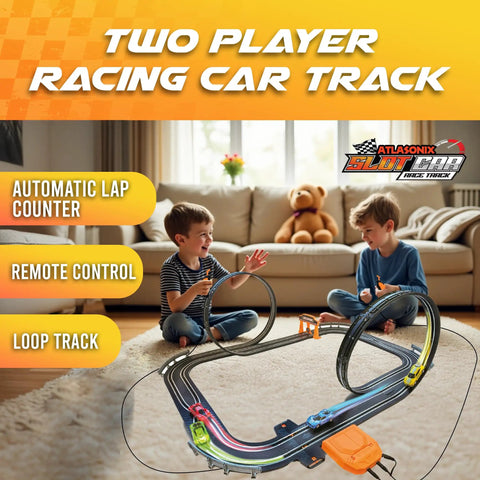 Two kids play with Fast Action Slot Car Track Set With Double Loop 1 To 64 Scale Cars Remote Control Electric Race Track