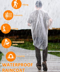 Person wearing raincoat in rain, hiking and camping icons, labeled 'Bulk 120 Pack Clear Disposable Hooded Rain Ponchos For Adults Super Light Each Weighs One Ounce Individually Packed For Family Trips Weddings Christmas Parties Emergencies And Outdoor Adventures Lightweight Rain Gear'