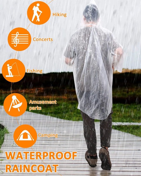 Person wearing raincoat in rain, hiking and camping icons, labeled 'Bulk 120 Pack Clear Disposable Hooded Rain Ponchos For Adults Super Light Each Weighs One Ounce Individually Packed For Family Trips Weddings Christmas Parties Emergencies And Outdoor Adventures Lightweight Rain Gear'