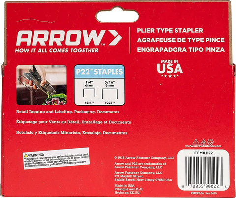 Packaging of Heavy Duty Handheld Plier Stapler For Crafts Office And Insulation Accepts One Quarter Inch And Five Sixteenth Inch Staples Built Tough For Paper Bags Cardboard And More With Easy Grip Handle, showing staple sizes.