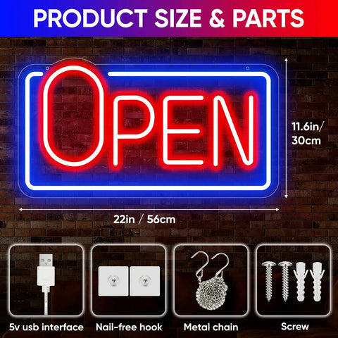 22 Inch LED Neon Open Sign For Storefront Windows, Bright Blue And Red Open Sign To Light Up Your Biz Hours, Silicone Build