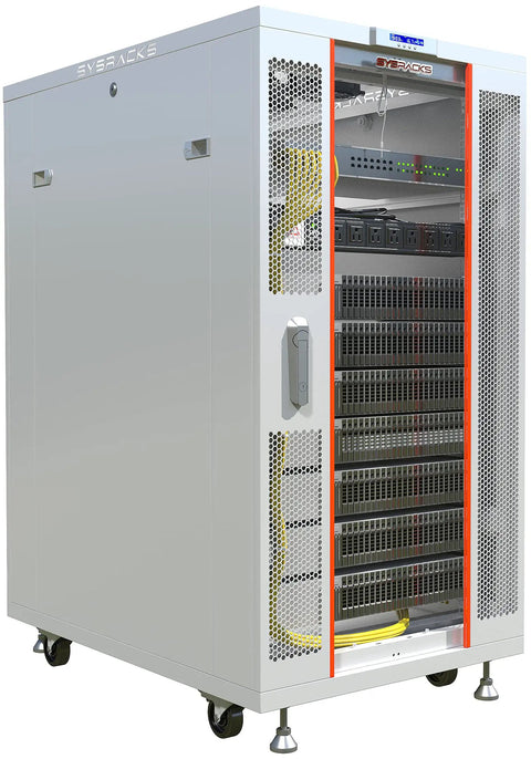 Heavy Duty 22U Floor Standing Server Rack In Sleek Gray With 35 Inch Deep Network Cabinet Bay Built In Cooling Fan Removable Side Panels And Secured Glass Door For Your No Hassle IT Setup viewed from an angle.