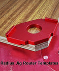 Heavy Duty Aluminum Alloy Radius Jig Router Templates 3 Piece Pack showing red jig template on wood for precise edge cuts.