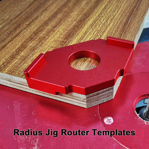 Heavy Duty Aluminum Alloy Radius Jig Router Templates 3 Piece Pack showing red jig template on wood for precise edge cuts.